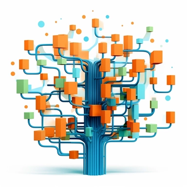 clipart using orange, blue and green depicting a source control branching model and automation