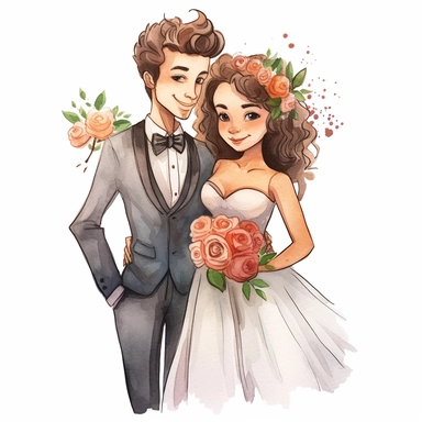portret of a Cartoon wedding pair, just married, cute family, style by Lusy Fleming, watercolor, clipart elements, smooth gradients, black contour outline, ultra detailed, white background, super clear, high quality