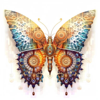 clipart of geometric butterfly, matrix code, intricate, vibrant chakra colors, sacred geometrical patterns, on white background