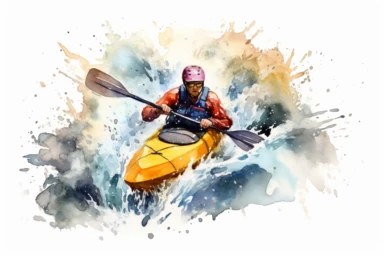 Watercolor, Create a visual of a kayaker navigating through turbulent whitewater clipart, hd, on a white background, spaced out