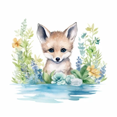 Baby Jackal swimming watercolor Clipart, floral, white background, cute