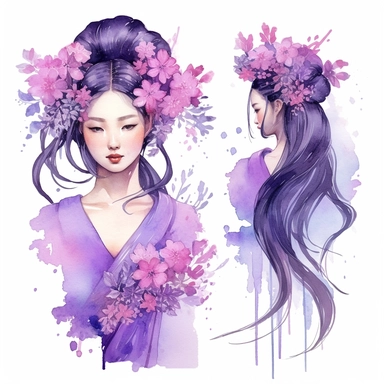 Lokia Chinese beauty clip art, purple, pink, and lavender, watercolor pencil sketches, isolated on a white background