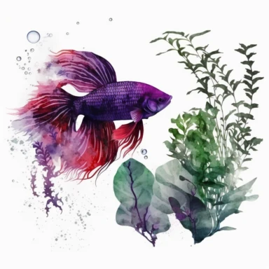 red and purple mix betta fish swimming in water plants, light watercolor clipart, isolated on white background, Susan Harrison, no text, no captions