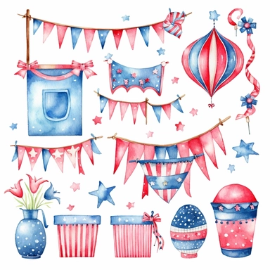 watercolor 4th of july patriotic decorations, illustrations clipart set, simple, , cartoon elements , bunting, ribbon elements, door wreaths, different variants , separate elements with a margin