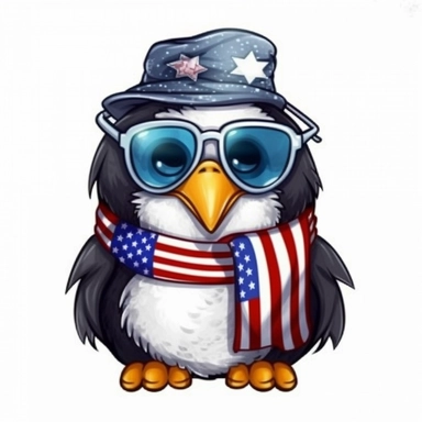 Sticker, American flag with penguin scarf and sunglasses Sublimation Clipart, Cartoon funny, Cute anime, Very detailed, white background