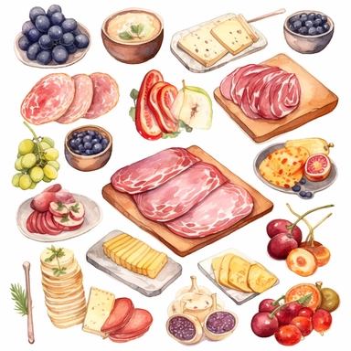 Watercolor charcuterie platter with salama pastrami jambon sausage nicely placed along with cheese on a very large wooden flat plate or cutting board, illustrations clipart set, simple, soft colors, cartoon elements, different variants, cheese from around the world, wooden elements, separate elements with a margin
