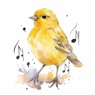 Happy yellow canary with a musical note, watercolor, clipart, on isolated on white background.