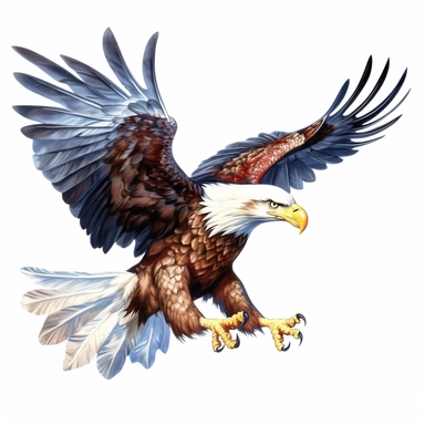 flying bald eagle with american flag in his talons, clip art, white background