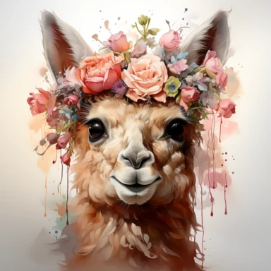 Create a delightful watercolor clipart of a llama's, with flowers around, in a close-up view that highlights its cuteness and innocent playfulness, using ultra HD image quality to bring out the details