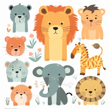 cute clipart of a [lion, giraffe, monkey, hippo], collage style, flat color, svg, rough shapes, silhouette, white background, few details