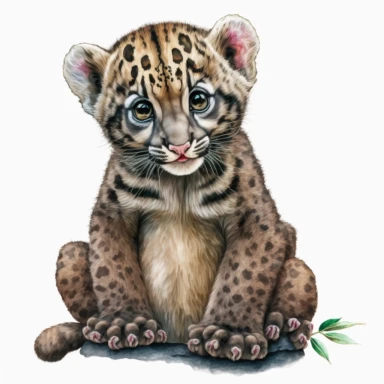 watercolour painting of a super cute happy baby clouded leopard sitting with head tilted looking at us, front facing, full body shot, clipart, white background, realistic