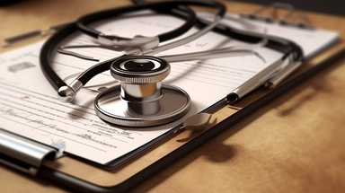 top view of a clipboard and a stethoscope, super detailed, artistic, sharp focus, high quality, award winning photography, hyperrealistic painting