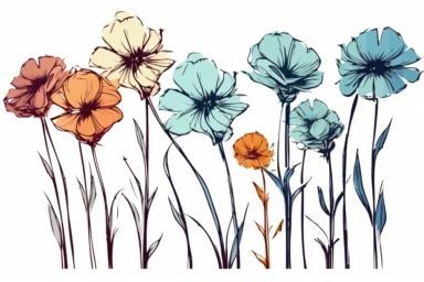 ink drawing six flowers clipart, ink style, ink drawing, free-hand light flat color strokes under ink lines, vector style, sparse use of color, elegant forms, prominent ink strokes, flat style, prominent line style, white background, spaced out, do not intersect images, spacing between elements, single thickness lines, no shadows, few details, only lines, only black lines, no volume, hand drawn ink drawing, elegant shapes