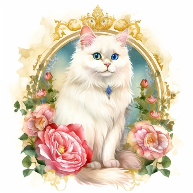 make a clipart of watercolor fairytale white fluffy princess cat with a gold jeweled accents and blue eyes, in front of a bright pink and green rose garden wall