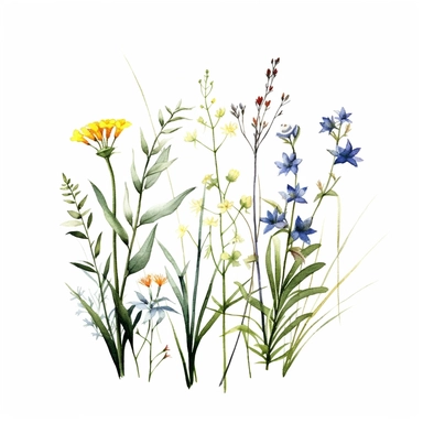 clean minimalistic wildflowers watercolor flower painting, in the style of watercolor landscapes, romantic and nostalgic themes, highly detailed and defined brush strokes of each stalk and grass and buds skillful clipart clean white background high contrast 16k resolution