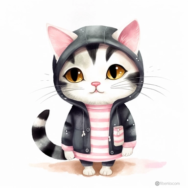 Black and white striped female cat with pink nose and thin tailwith hoody, Watercolor Clipart,comic, strybk, full Illustration, 4k, sharp focus, watercolor, smooth soft skin, symmetrical, soft lighting, detailed face, concept art, muted colors, watercolor style, strybk, children's style fairy tales, chibi kawaii, . Octane rendering, 3d. Perfect face, detailed face, delicate face, perfect sharp lips, detailed eyes. Craig Davison, Aubrey Beardsley, Conrad Roset, Aikut Aidogdu, Agnes Cecil, waterco
