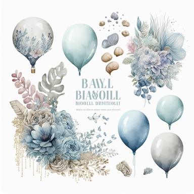 bridal balloons element set with flower boutique watercolor clipart, neutral blue colors, on white background, 8k