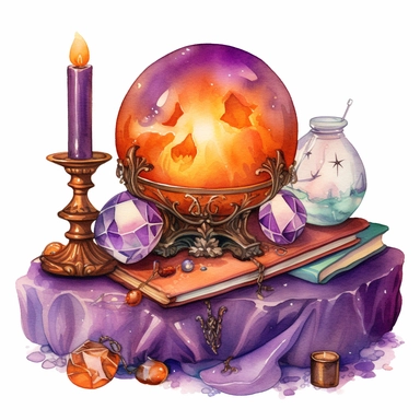 hand drawn glowing crystal ball sitting on a table with crystals, tarot cards, a wand, candles and a pumpkin, Halloween, purple and orange shades,fantasy, glamorous, , clipart style, detailed and realistic, watercolor, white background with margins
