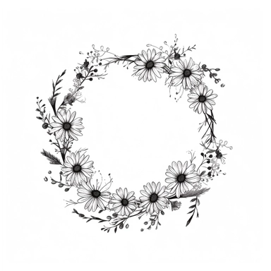 modern, minimalistic wildflowers connected to a stem, in the shape of one giant wreath with a huge opening in the middle, black and white, in the style of a high-quality hand-drawn, on a clean white background, wedding clipart