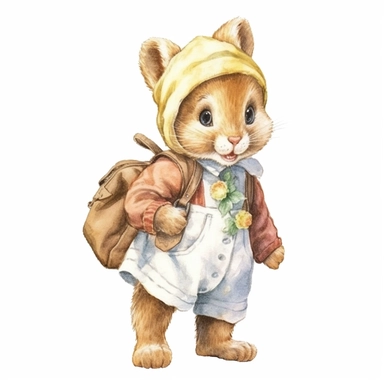 a Cute Happy Baby Chipmunk in clothing in the style of Watercolor Kate Greenaway Clipart, White Background