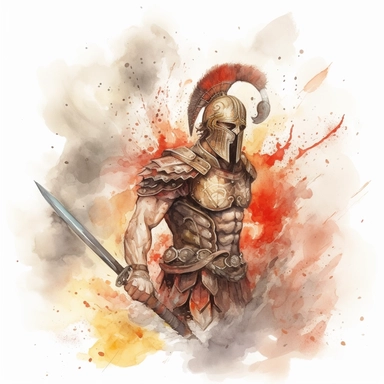 A watercolor clipart of Ares, the Greek god of war, depicted with a fierce and intense expression, adorned in armor and wielding a menacing weapon, surrounded by swirling clouds of smoke and fire, capturing the raw power and chaos of battle