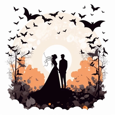 Romantic Wedding Clipart, Bride and Groom Silhouette, bats flying over the bride and groom, halloween pumpkins on the ground, Sweet Love, Wedding Ceremony Arch, Wedding Stationery Elements, Wedding Cake, Engagement Rings, single design, 8k