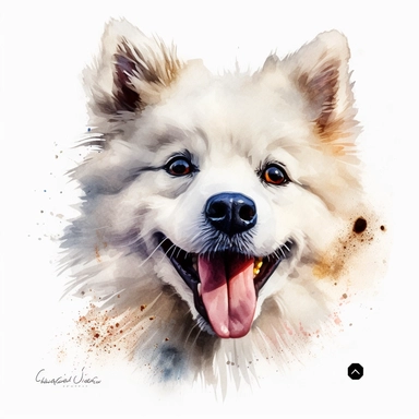 cute American Eskimo dog portrait, full face, centered shot, side shot, dynamically posed, in action, playful mood, happy mood, playing mood, cute face, adorable smile, childlike eyes, clean watercolor illustration, white background, nursery baby imagery, painting, detailed, 8k, PNG, clipart,
