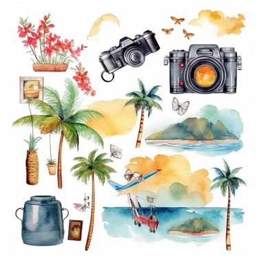 Watercolor fantasy Travel clipart Summer Holiday Vacation clipart Tourism clipart Planner Adventure Clipart PNG Airplane Camera Globe Commercial Use