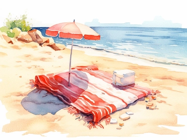 Clipart of beach towel. Drawing with the technique of watercolor, very detailed and ultra realistic
