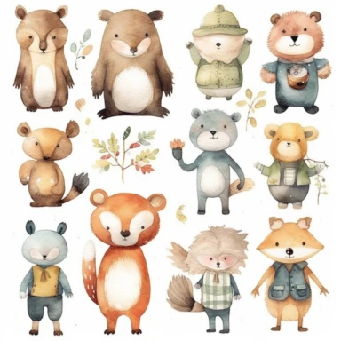 Woodland Animals Watercolor Clipart, a charming collection of forest animals illustrations, perfect for nursery decor and various design projects. This set features lovingly painted watercolor images of beloved woodland creatures, including a bear, fox, owl, hedgehog, rabbit, and deer. The soft and whimsical style of these illustrations evokes a sense of warmth and coziness, making them ideal for creating an enchanting atmosphere in a nursery, as well as for use in invitations, stationery, and o
