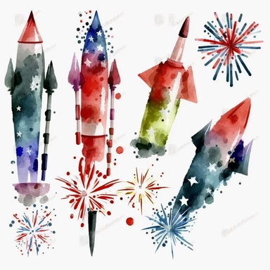 bundle of firework rockets 4th of july, watercolor style, clip art, white background