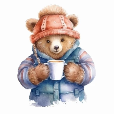 A Cute winter Watercolor Clipart , hand drawn ,a bear holding a cup of hot coco while wearing a winter costume looking knowingly out over the street from the window, cozy ,highly detailed,white background for removing background - - no text shadow font watermark