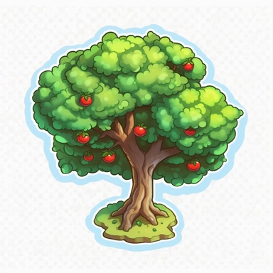 Isometric Sticker Clip Art of Apple Tree, children friendly, illustrated in a playful style, perfect for any special occasion, cut out in the shape of an Apple Tree, with no visible background, giving it the appearance of a sticker, conveying a mystical and whimsical mood, edited with Adobe Photoshop to adjust brightness and contrast, rendered as a transparent PNG file with a high resolution to ensure a crisp and clear image with no pixelation, suitable for various applications such as scrapbook