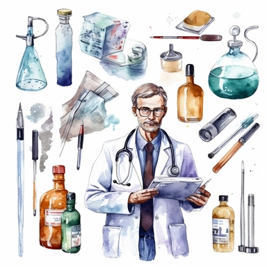 watercolor doctor related scenes , illustrations clipart set, simple, , cartoon elements ,different variants , glucometer, insulin syringe, nurse, doctor, stethtescope, mechanical body weighing scale, tweezers, microscope, ambulance, , separate elements with a margin
