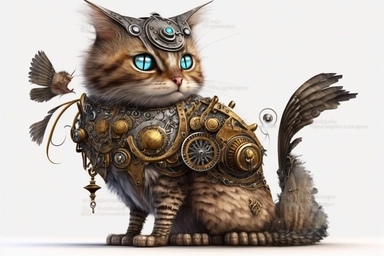 clipart, A beautiful cute cat with a steampunk-style mechanical bird on its shoulder, hd, on white background,