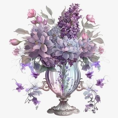beautiful bouquet of purple flowers in crystal vase, romantic, shabby chic, ethereal. clipart style