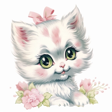 vintage Hand painted clipart of a pastel kitten with long eyelashes and rosy cheeks, playful and animated, in the style of vintage nursery kitsch Lefton, retro midcentury 1950’s, white background, contour