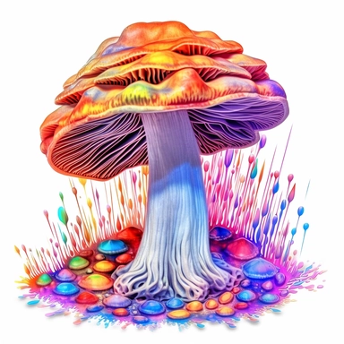 clipart shiitake mushroom, Psychedelic art, Acid Art, high resolution, neon rainbow colored, white background