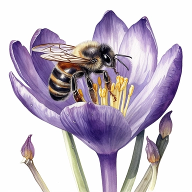 small bee, sitting on a big purple crocus, watercolor, clipart, detailed, white background