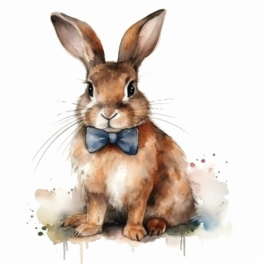 Delightful brown bunny with a bowtie, watercolor, clipart, on isolated on white background.