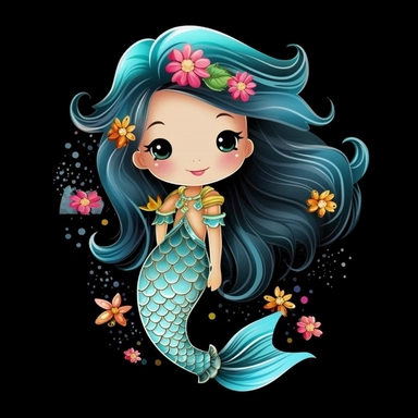 cute cartoon asian colourful mermaid clipart, black background,--no cut off edges