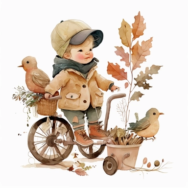 watercolor, very cute little child in a pastel beige coat with lots of pockets, vintage magician hat, baby orange trousers, holding a basket, with a backpack, on a vintage tricycle with big wheels, sorounded by flyes and birds, and some big leafes behind, clipart, white background