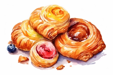 watercolor Danish pastry clipart, hd, white background, spaced out