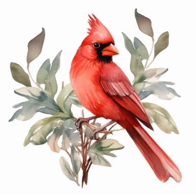 red cardinal bird, clipart, minimalism, watercolor, green leaves