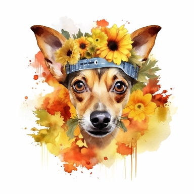 isolated clipart, cute dog with flowers on its head, highly realistic, flickr, watercolorist, uhd image, multi-layered mixed media