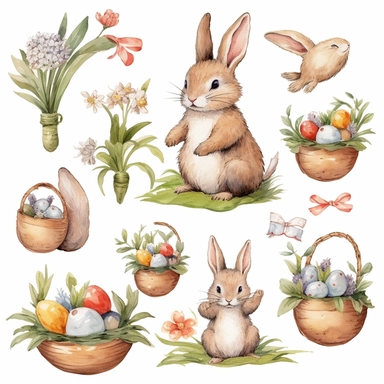 easter clipart set, whimsical and cute hand drawn illustration, Beatrix Potter isolated image white background