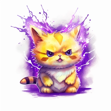 watercolor of cute electrical god cat, purple and yellow lightning strikes, vector free clipart illustration, in the style of unreal engine 5, 32k uhd, detailed features, white background