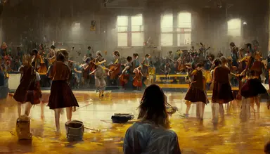 five cheerleaders are dancing in the high school's gym in front of many young students sitting on bleachers. Kurt Cobain plays the Cello. A man cleans the floor. Inspired by Nirvana's video clip. like in a Pierre klossowski painting. 4k