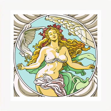 Illustration in boho style, clipart, sublimation drawing The alien is the heroine of the painting The Birth of Venus by Sandro Botticelli. Bright colorful colors. White empty background, high quality 8k, quality detail