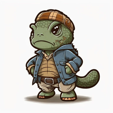 small cute anthropomorphic Chibi turtle animal, dressed like a man, wearing jeans and t-shirt, clipart, in sticker style, in comics style, cell shading
